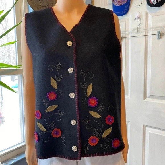 Vintage Lemon Grass Wool Nylon Blend Floral Embroidery Vest Women Size M - Picture 5 of 7